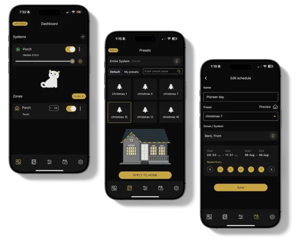 Bosso Smart Lighting app shown on three iPhones — dashboard, scene picker, and schedule editor